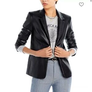 Cinq A Sept Kylie Faux Leather Blazer Jacket Black Ruched Sleeve